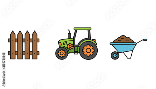 Set of farming and agriculture icons including a wooden fence, a green tractor, and a wheelbarrow filled with soil on a white background.