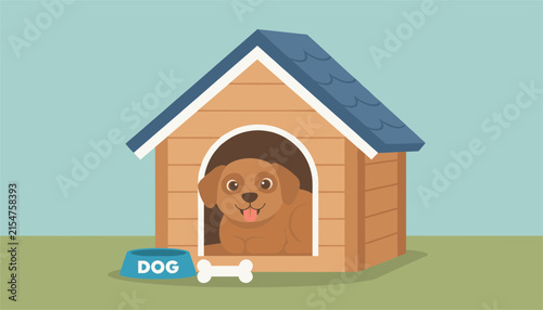 Cute brown dog sitting in a wooden doghouse with a blue food bowl and a bone on the green grass under a clear blue sky.