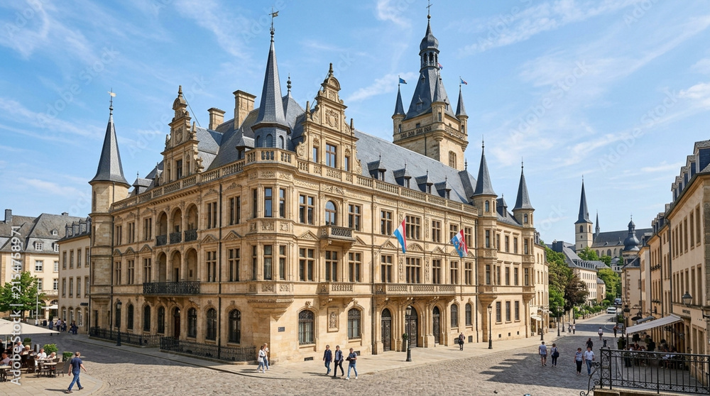 Fototapeta premium Luxembourg City Hall Building Facade with Flags and Cobblestone Square