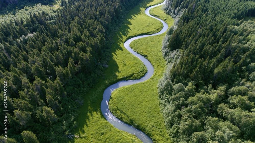 Obraz premium The winding river weaving through a lush forest valley below