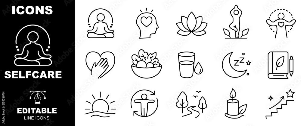 Obraz premium Wellness line icon set for mindfulness, meditation, sleep, health, relaxation, fitness, self care and more icon .