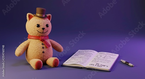 Teddy bear with book and pen.