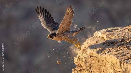 Konstfotografi A majestic peregrine falcon launching into the air from a mountain cliff, showcasing powerful wings and hunting speed