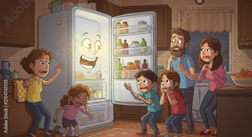 Family reacts to fridge surprise.