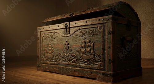 Vintage treasure chest with ship.