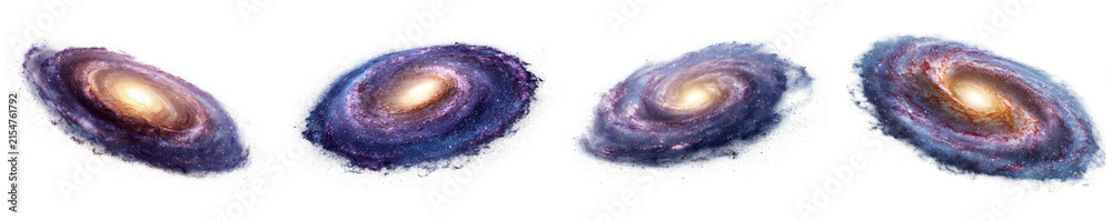 Fototapeta premium Four luminous spiral galaxies with detailed cosmic star fields isolated on transparent background