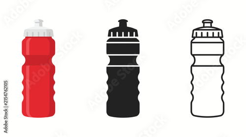 Set of sport water bottles in red, black, and outline vector icon styles.