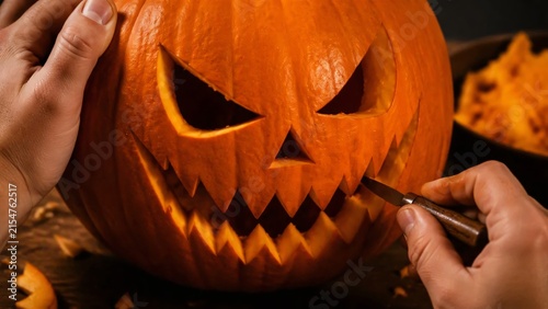 Person carving spooky face into orange pumpkin for halloween