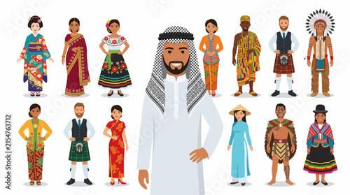 Multicultural group in global traditional ethnic costumes.