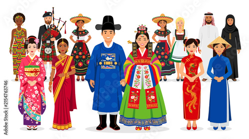Multicultural group in international folk traditional clothing.