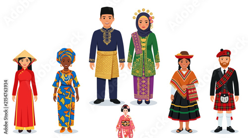 Multicultural group in various national ethnic costumes.