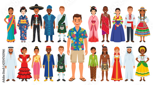 Multicultural group of people in diverse global national dresses.