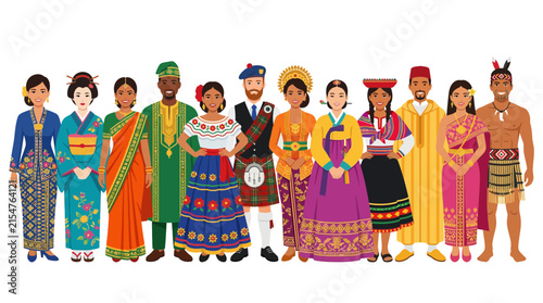 Multicultural group of people in traditional ethnic world costumes.