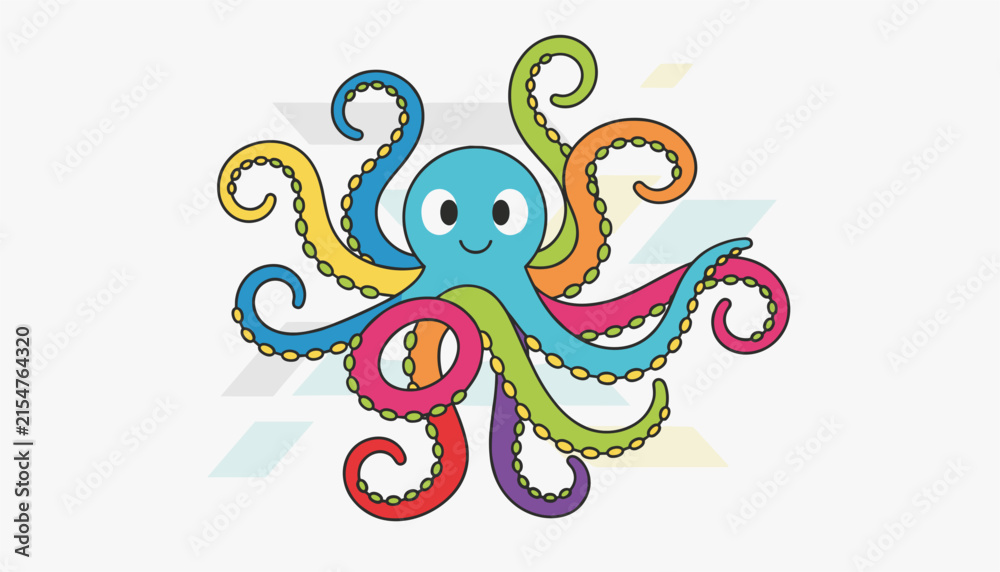 Fototapeta premium Colorful octopus character with eight tentacles, standing on abstract geometric shapes, featuring a playful and friendly cartoon design style.