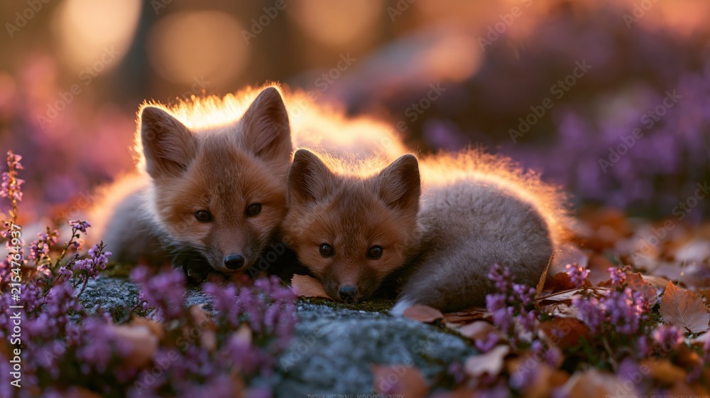 Naklejka premium The Fox Cubs Resting Together in Sunset Light Among Purple Heathers