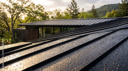 Beautiful view of metal roofing glistening with raindrops soft sunlight, surrounded by nature