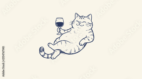 Fat cat lying down and holding a glass of red wine in a hand drawn doodle style Vector