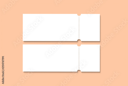 Two blank ticket mockups with tear off stub on pastel background 3d rendering