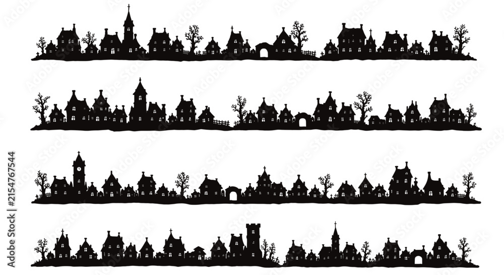 Fototapeta premium Spooky Halloween Village Silhouette Panorama Collection