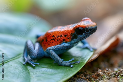 Vibrant red and blue poison dart frog perches on a leaf