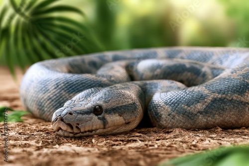 Coiled python rests on earthy ground