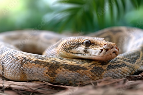 Coiled snake rests on forest floor, eyes calm and alert