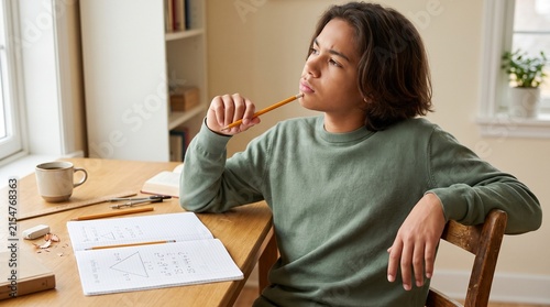 A thoughtful teen sketching in math notebook biting a pencil while solving a complex problem for exam preparation articles.