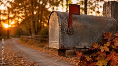 Retro mailbox red flag in dramatic low light with dynamic working composition for commercial use