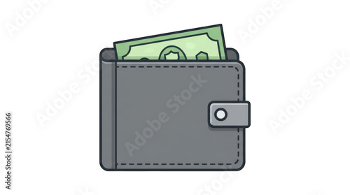 Illustration of a grey leather wallet with a green banknote inside, flat vector icon design isolated on transparent background