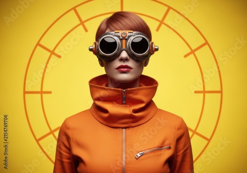 Futuristic woman wearing steampunk goggles and orange outfit