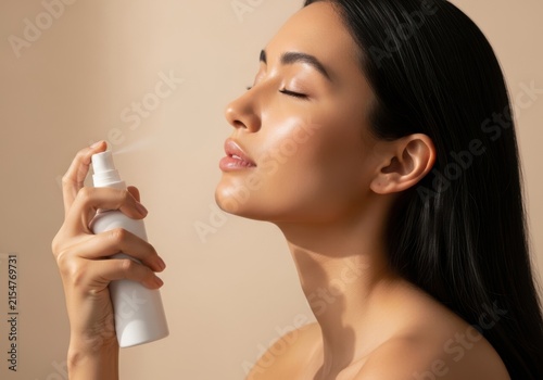 Young woman applying facial mist spray on her face