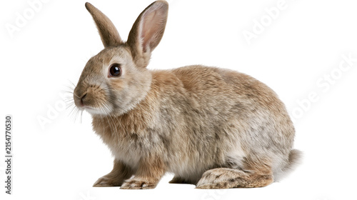 Fluffy brown rabbit with long ears sitting alert, isolated on transparent background
