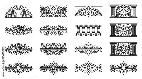 Decorative line art dividers and ornaments in a grid layout