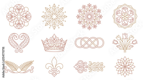 Decorative ornate emblem set elegant floral geometric symbols