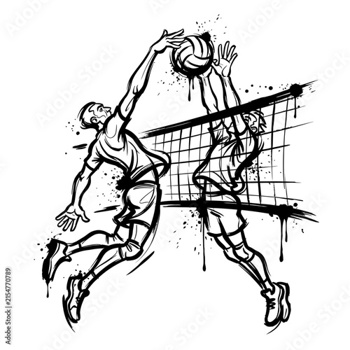 Dynamic Volleyball Action Illustration of Players Competing at Net.