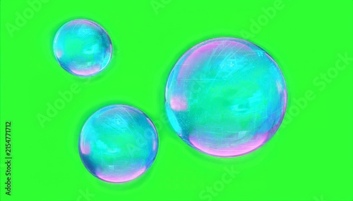 Abstract colorful glossy spheres floating design elements on bright neon green background