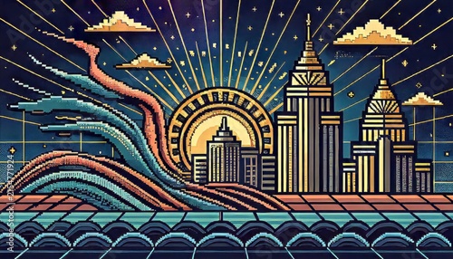 Abstract Retro Skyline Panorama Under Vibrant Cosmic Sunset Waves