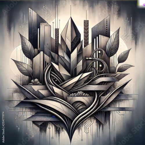 Abstract Steampunk Machinery Composition Art Deco Industrial Growth Design