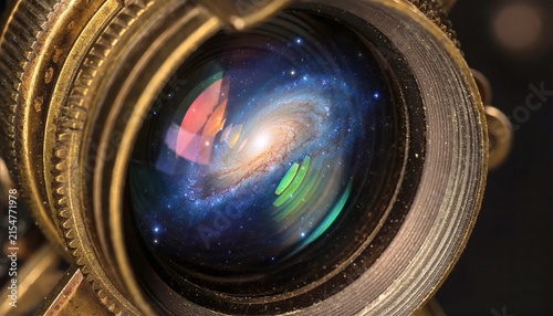 Abstract view inside camera lens optic: Vibrant blue bokeh, flare effect and technology reflection