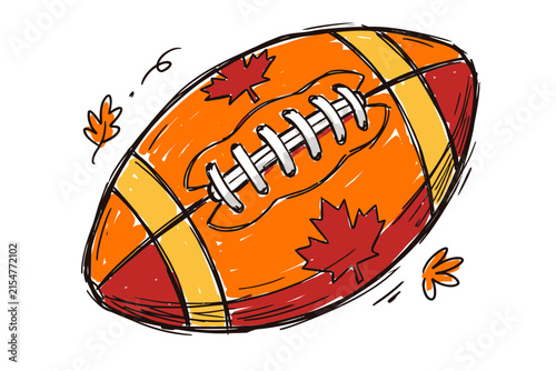 Hand-drawn Canadian football with maple leaves, representing autumn sports and Canadian culture, isolated on white background, sketch style vector illustration