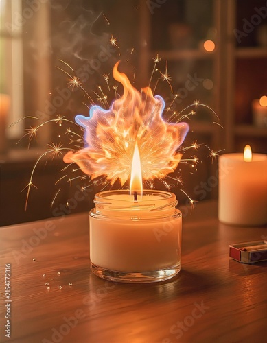 Dynamic magical fire blaze floating above polished warm wooden texture surface