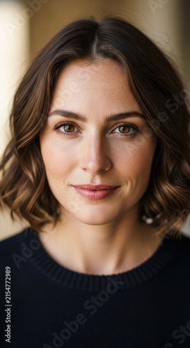 Confident woman with short brown hair and neutral expression.