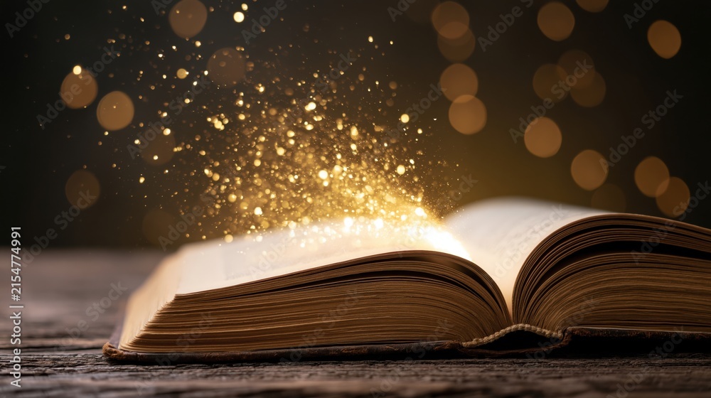 Naklejka premium The Open Book of Magical Light and Dazzling Sparks Above a Wooden Table