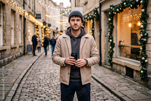 Young man holding coffee tumbler on a European street decorated for Christmas
