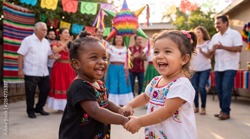 Hispanic Heritage Month features two happy Latinx toddlers in traditional dresses and pi?ata for cultural celebration banner