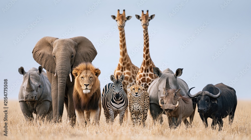 Naklejka premium The Wildlife Assembly on the Savanna Featuring Lions Elephants Giraffes and Zebras
