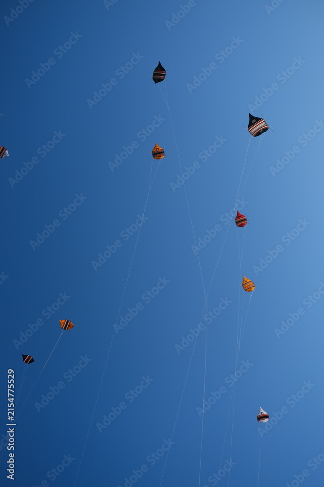 Fototapeta premium Colorful traditional Balinese kites flying in a blue sky with sunlit kite strings