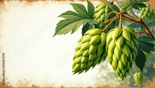 Hops plant with ripe green hop cones on climbing vine, textured vintage parchment background, hops plant showing leaves, stems and clustered cones in warm sunlight,