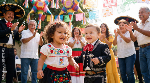 Hispanic Heritage Month features two happy Latinx toddlers dancing together and family clapping for cultural celebration banner