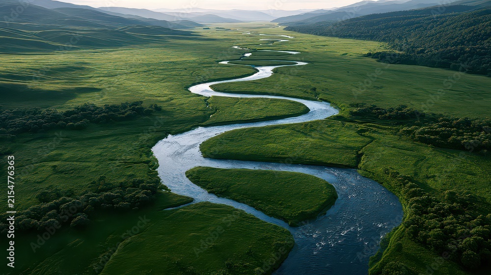 Fototapeta premium Aerial view of a winding river flowing through a lush green valley landscape